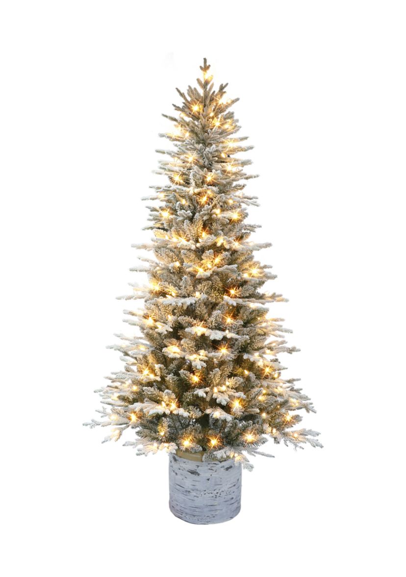6 ft Pre-lit Potted Flocked Arctic Fir Artificial Christmas Tree with 200 Warm White LED Lights UL Adapter
