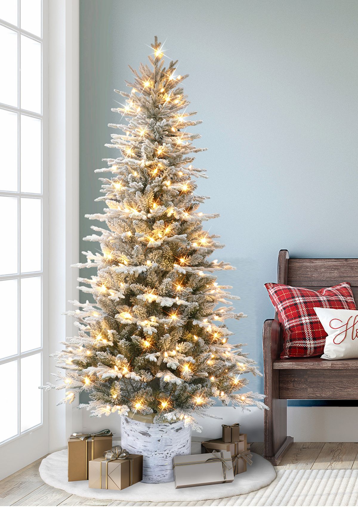 6 ft Pre-lit Potted Flocked Arctic Fir Artificial Christmas Tree with 200 Warm White LED Lights UL Adapter