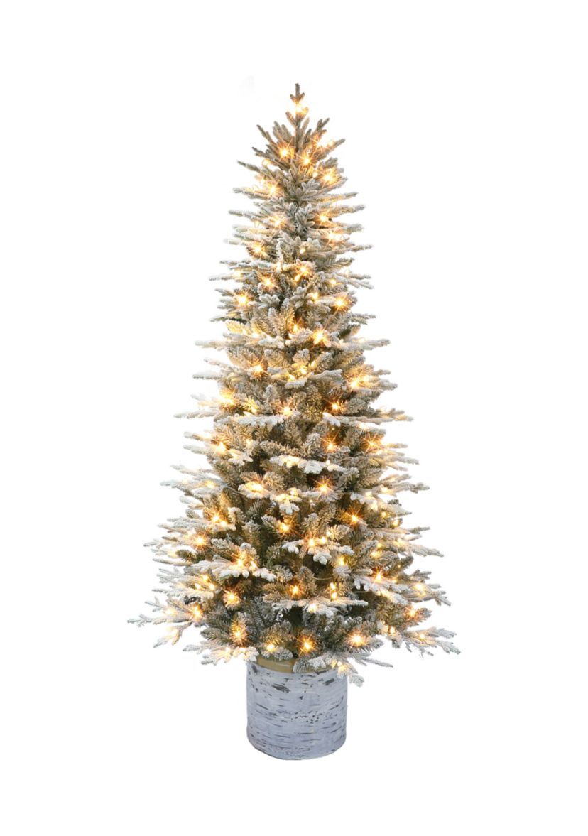7.5 ft Pre-lit Potted Flocked Arctic Fir Artificial Christmas Tree with 250 Warm White LED Lights UL Adaptor