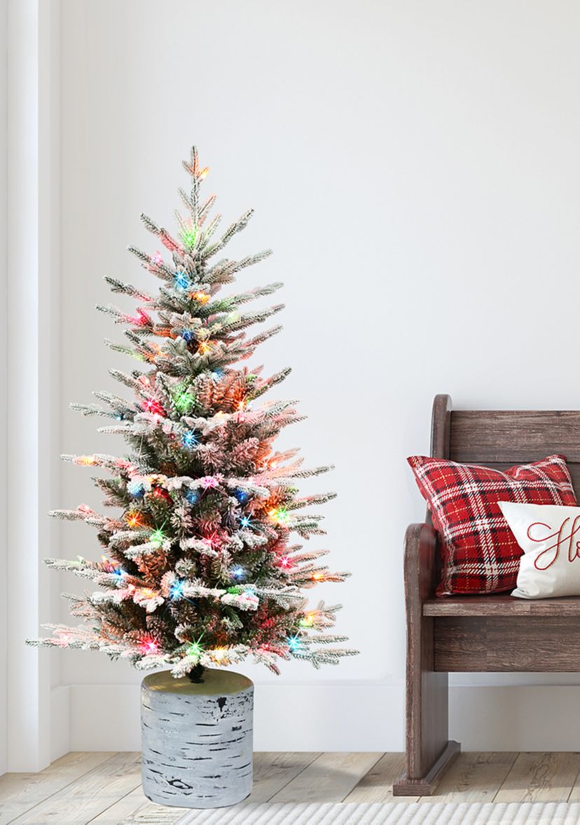 4.5 ft Pre-Lit Potted Flocked Arctic Fir Artificial Christmas Tree with 70 UL Multi-Color Lights Green