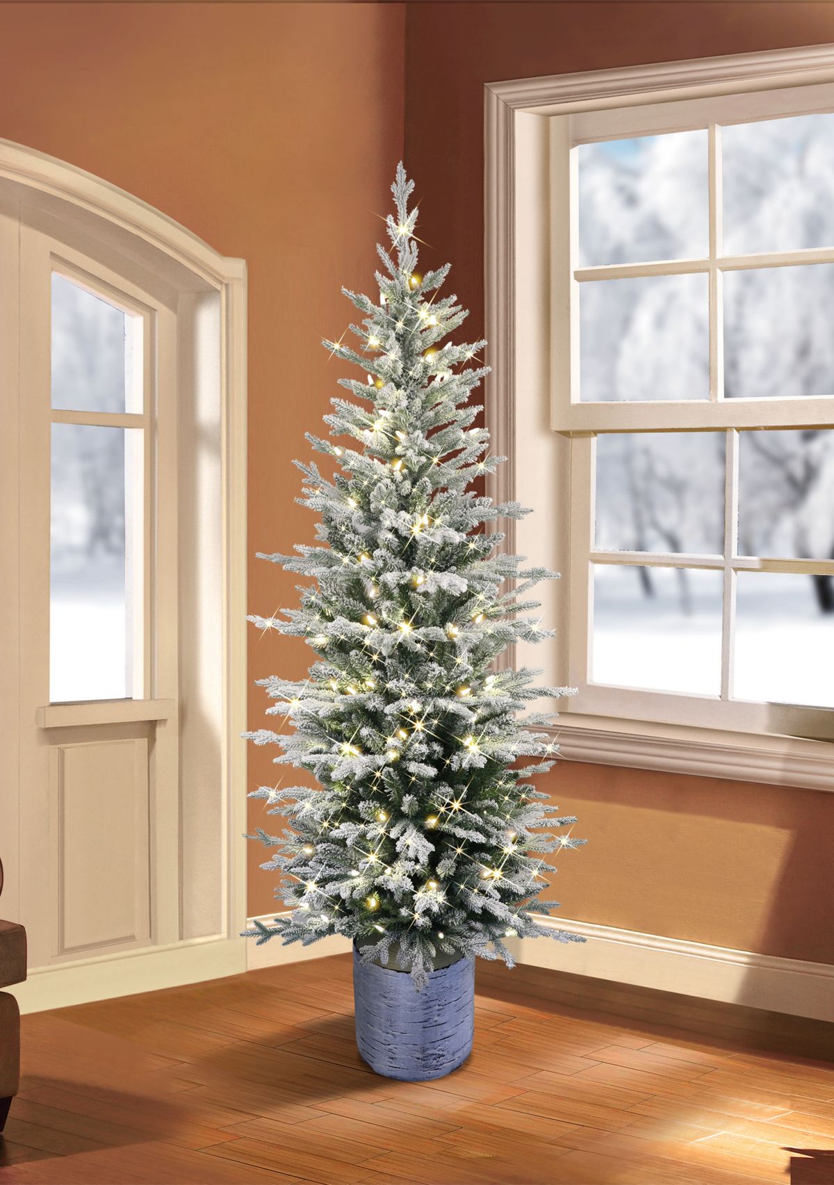 Pre-Lit 6-Foot Potted Flocked Scandinavian Fir Pencil Christmas Tree