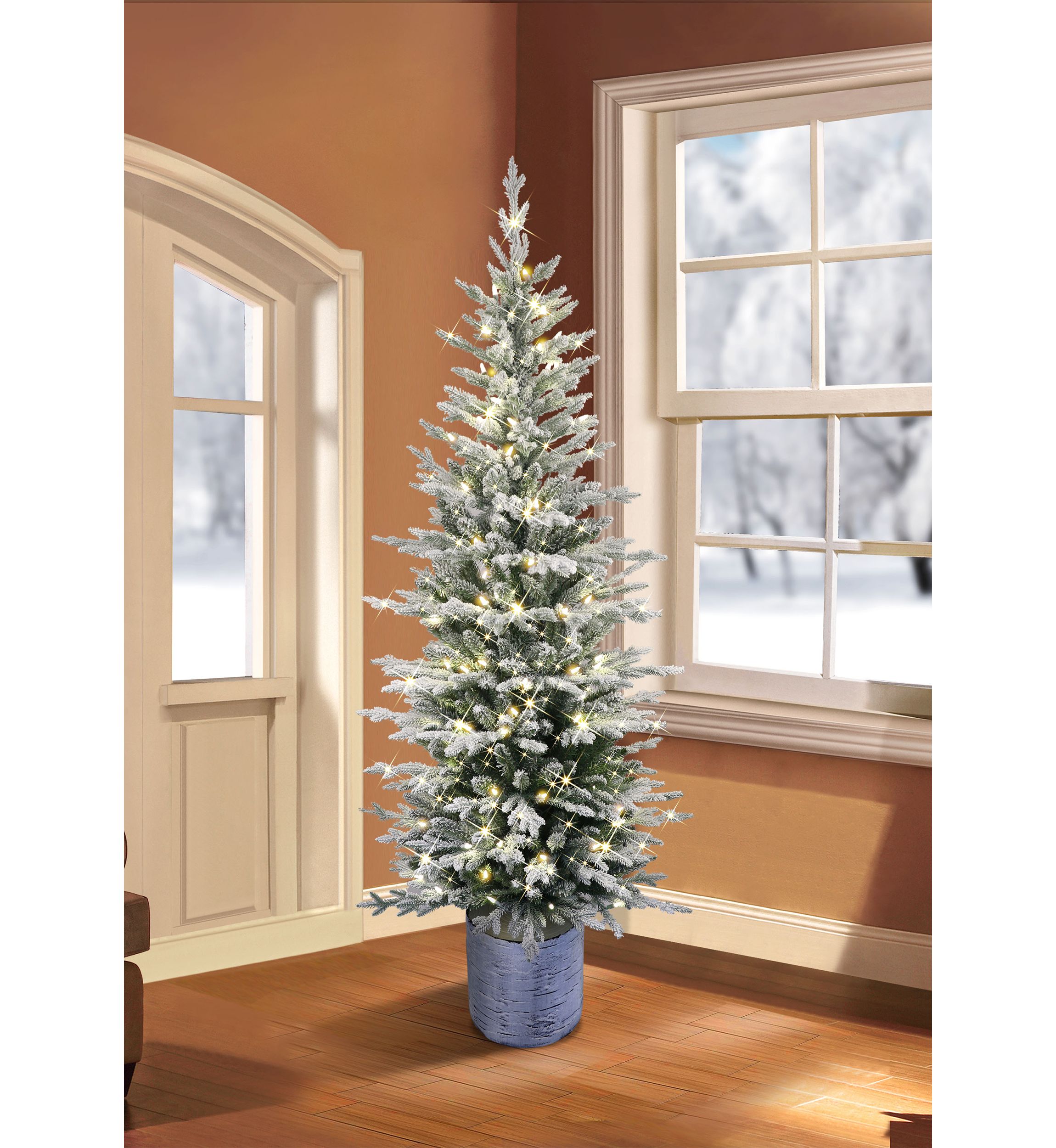 Pre-Lit 6-Foot Potted Flocked Scandinavian Fir Pencil Christmas Tree