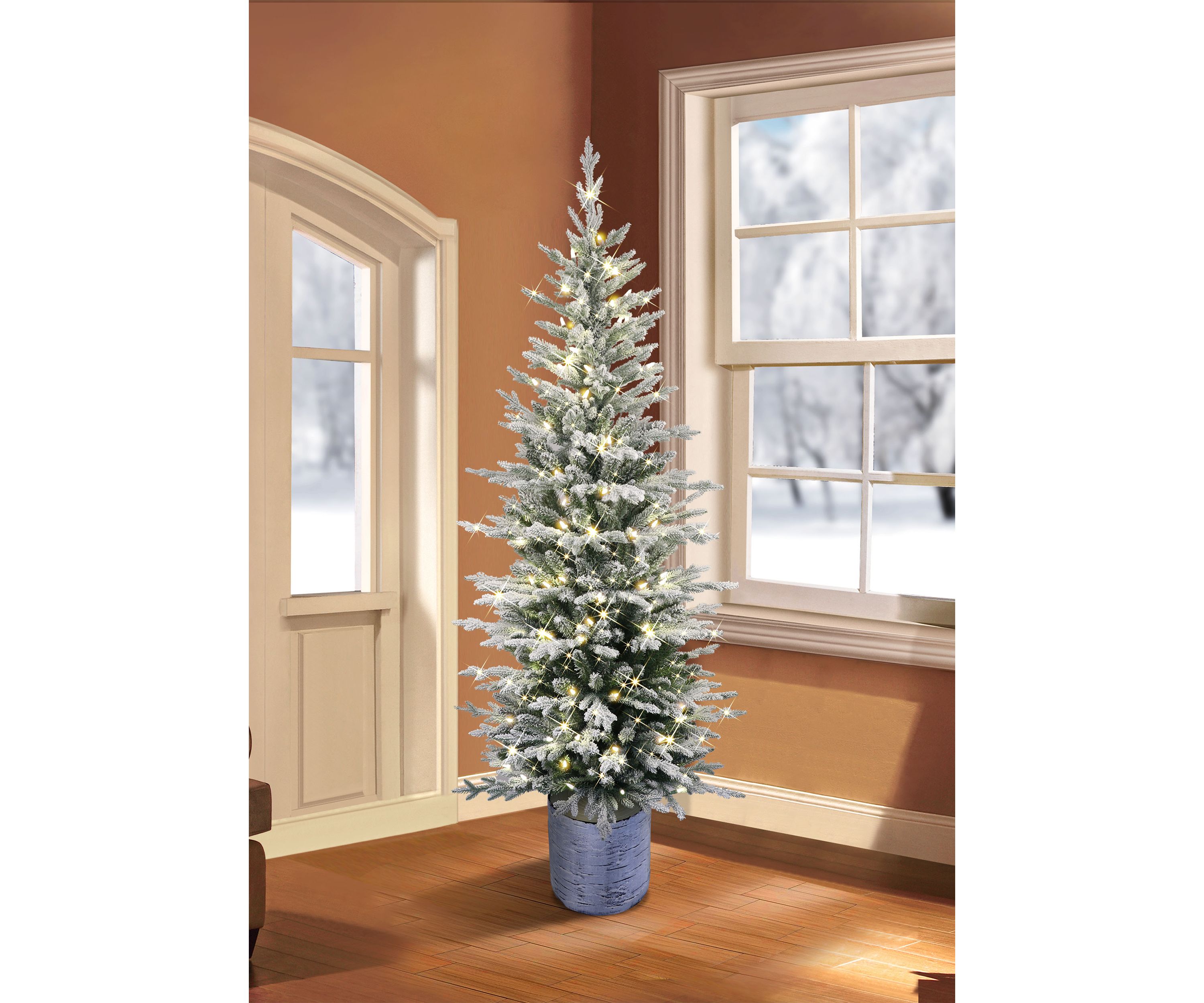 Pre-Lit 6-Foot Potted Flocked Scandinavian Fir Pencil Christmas Tree