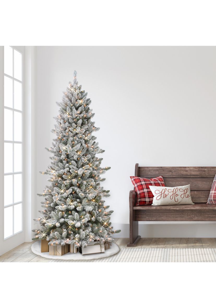 6.5-foot Pre-Lit Slim Flocked Royal Majestic Artificial Spruce Tree 800 Tips 300 Clear Lights