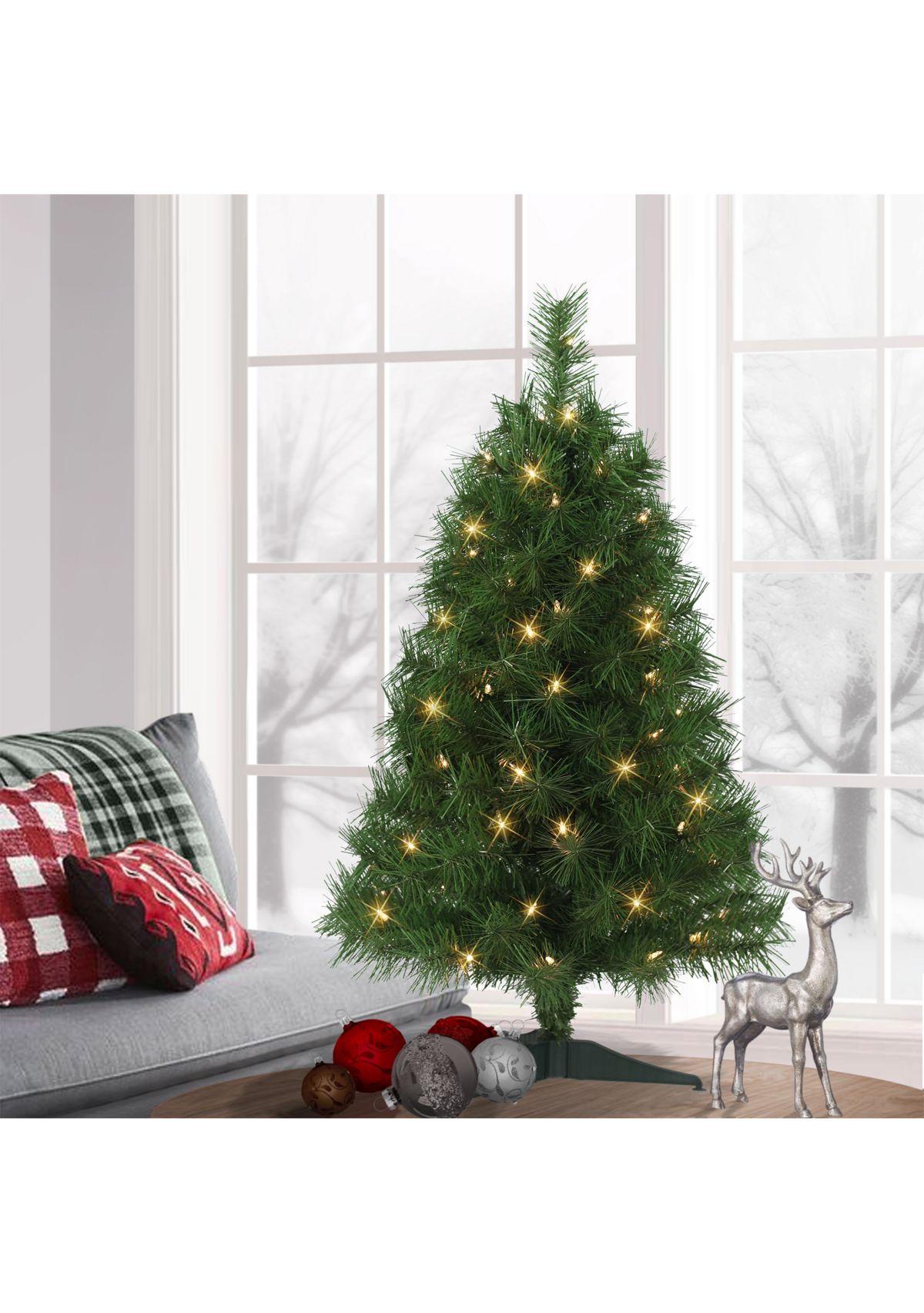 3-foot Pre-Lit Snow Ridge Aritificial Fir Tree 130 Tips 70 Clear Lights Plastic Stand
