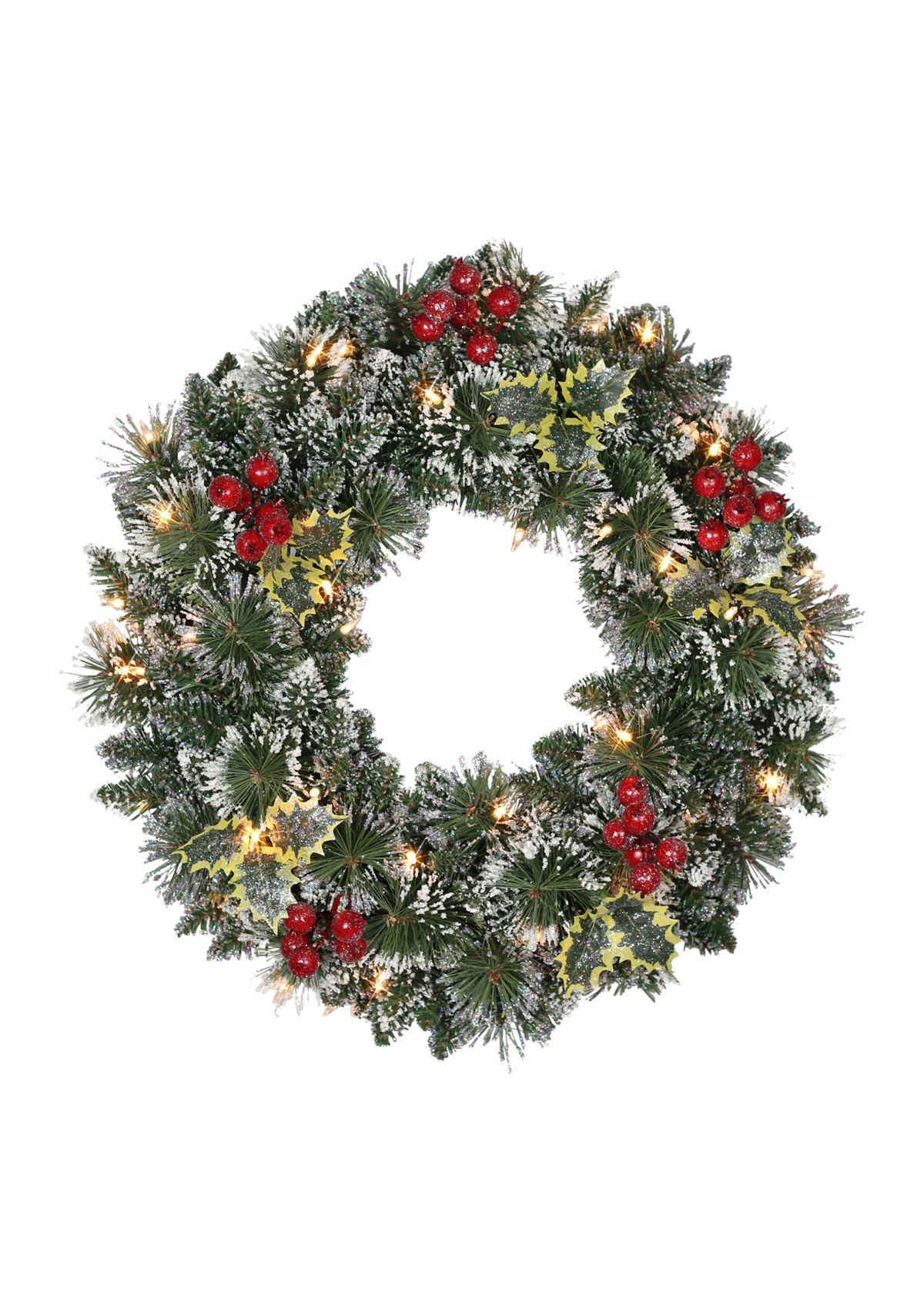24 Pre-Lit Snowy Silverton Pine Wreath 120 Tips 50 Clear Light with Red Berries