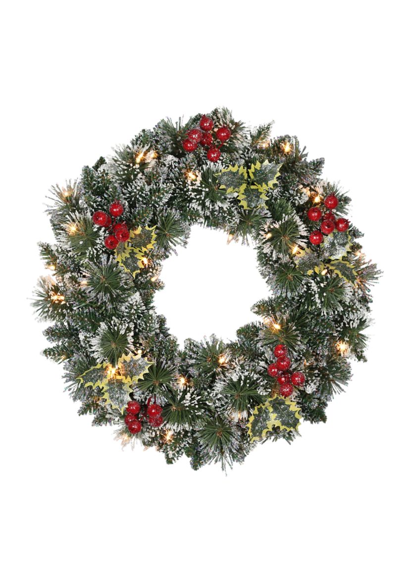 24 Pre-Lit Snowy Silverton Pine Wreath 120 Tips 50 Clear Light with Red Berries
