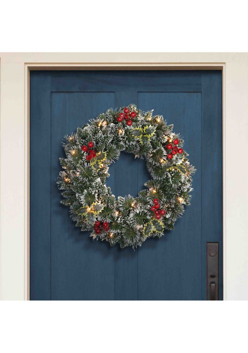 24 Pre-Lit Snowy Silverton Pine Wreath 120 Tips 50 Clear Light with Red Berries
