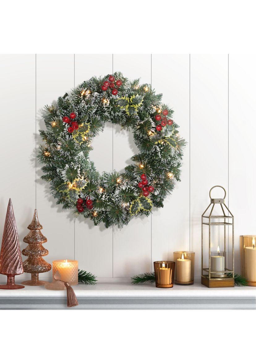 24 Pre-Lit Snowy Silverton Pine Wreath 120 Tips 50 Clear Light with Red Berries