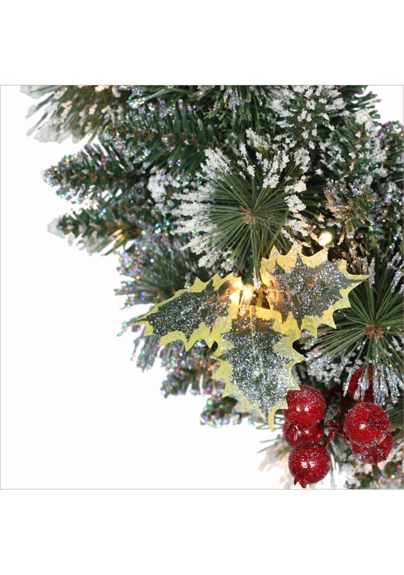 24 Pre-Lit Snowy Silverton Pine Wreath 120 Tips 50 Clear Light with Red Berries