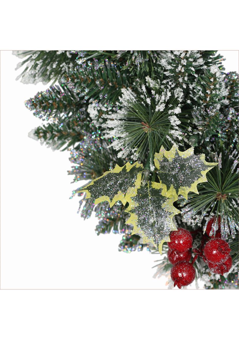 24 Pre-Lit Snowy Silverton Pine Wreath 120 Tips 50 Clear Light with Red Berries