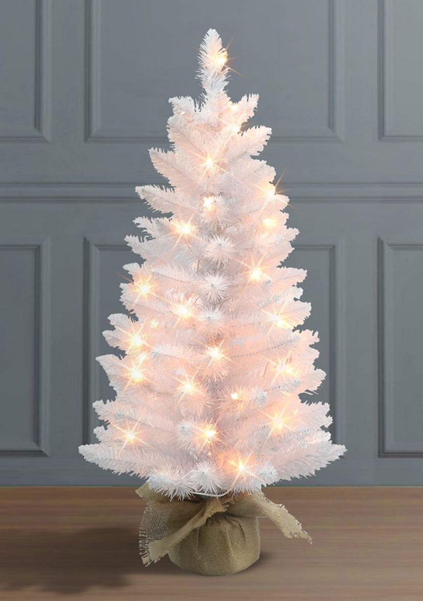 3 ft Pre-lit White Artificial Christmas Tree 50 UL Clear Lights Burlap Sac Base