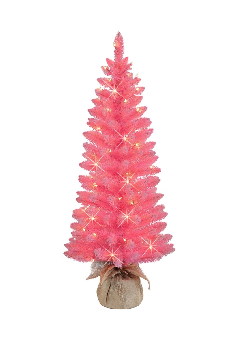 4-foot Pre-Lit Pink Artificial Tree-in Burlap Sac 146 Tips 70 Clear Lights