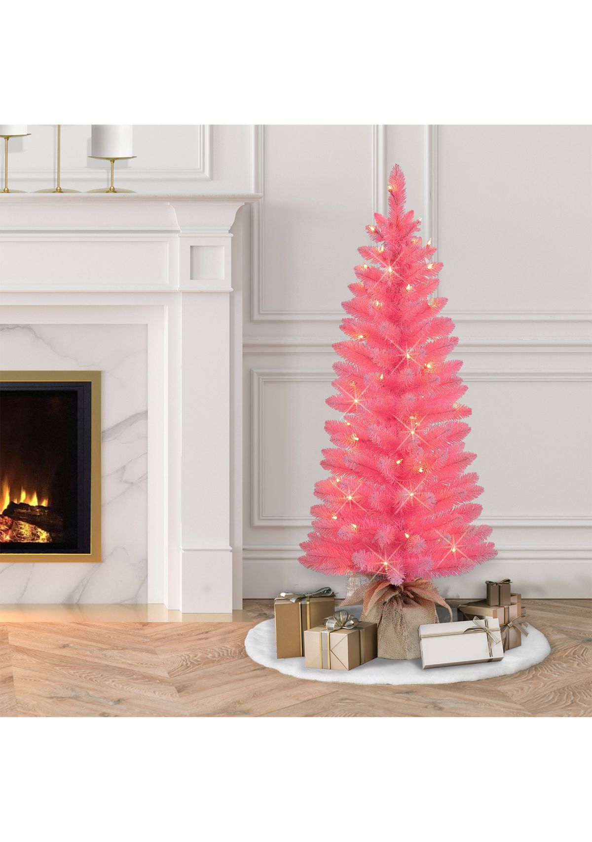4-foot Pre-Lit Pink Artificial Tree-in Burlap Sac 146 Tips 70 Clear Lights
