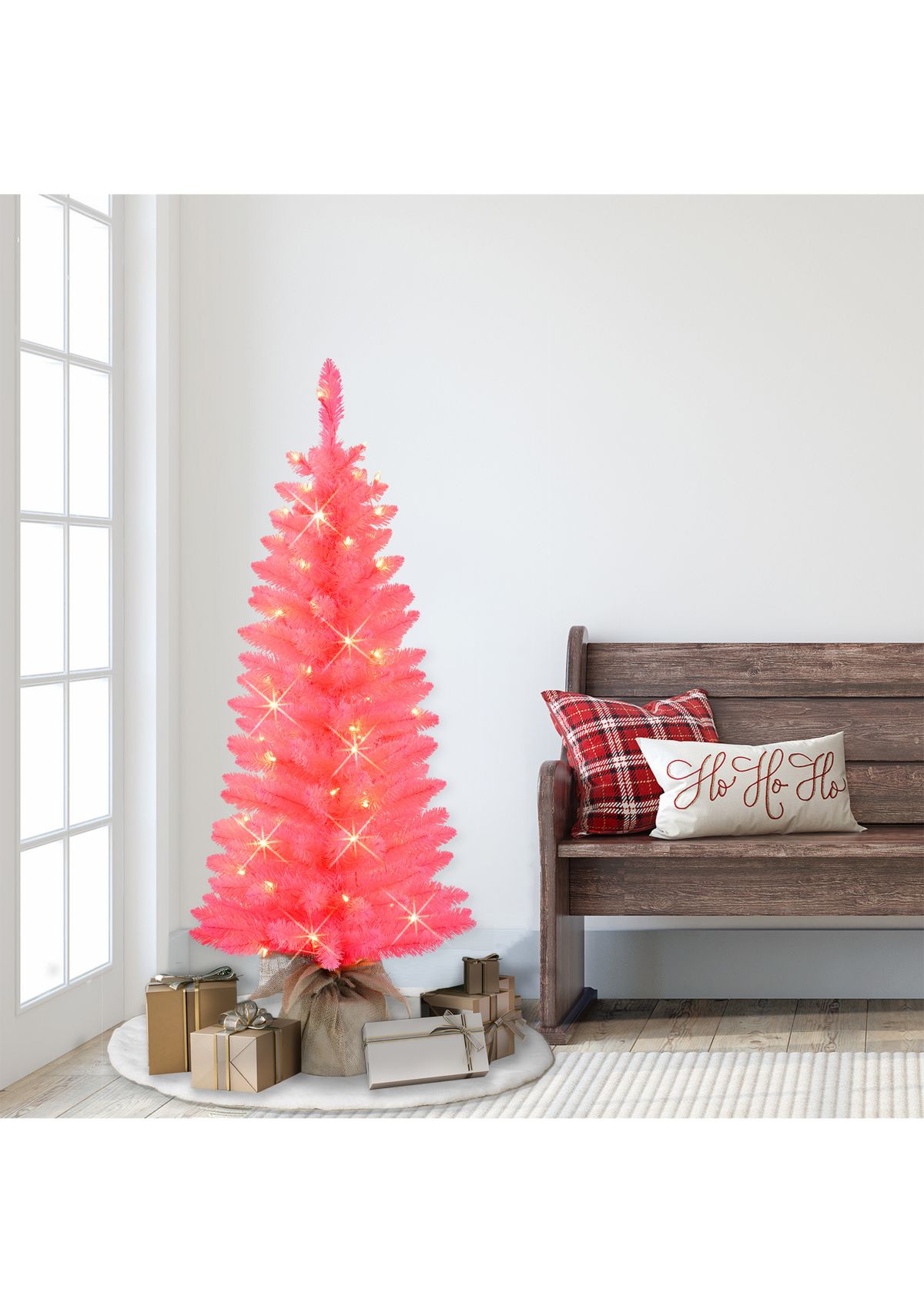 4-foot Pre-Lit Pink Artificial Tree-in Burlap Sac 146 Tips 70 Clear Lights