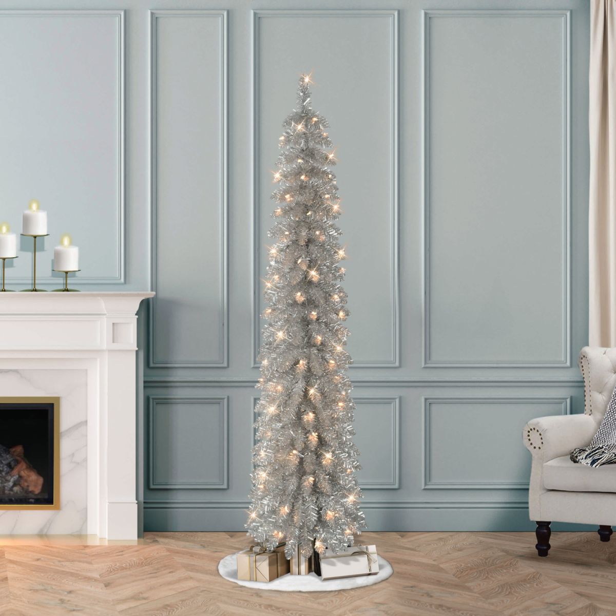 Puleo International 6 Pre-Lit Artificial Alpine Silver Pencil Tree