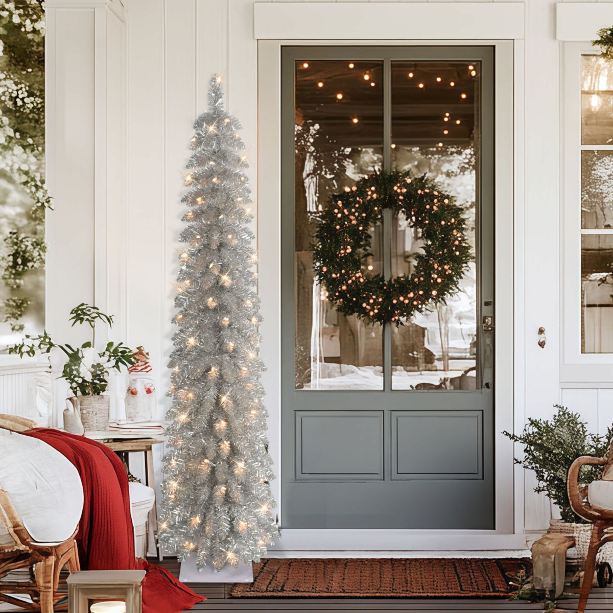 Puleo International 6 Pre-Lit Artificial Alpine Silver Pencil Tree