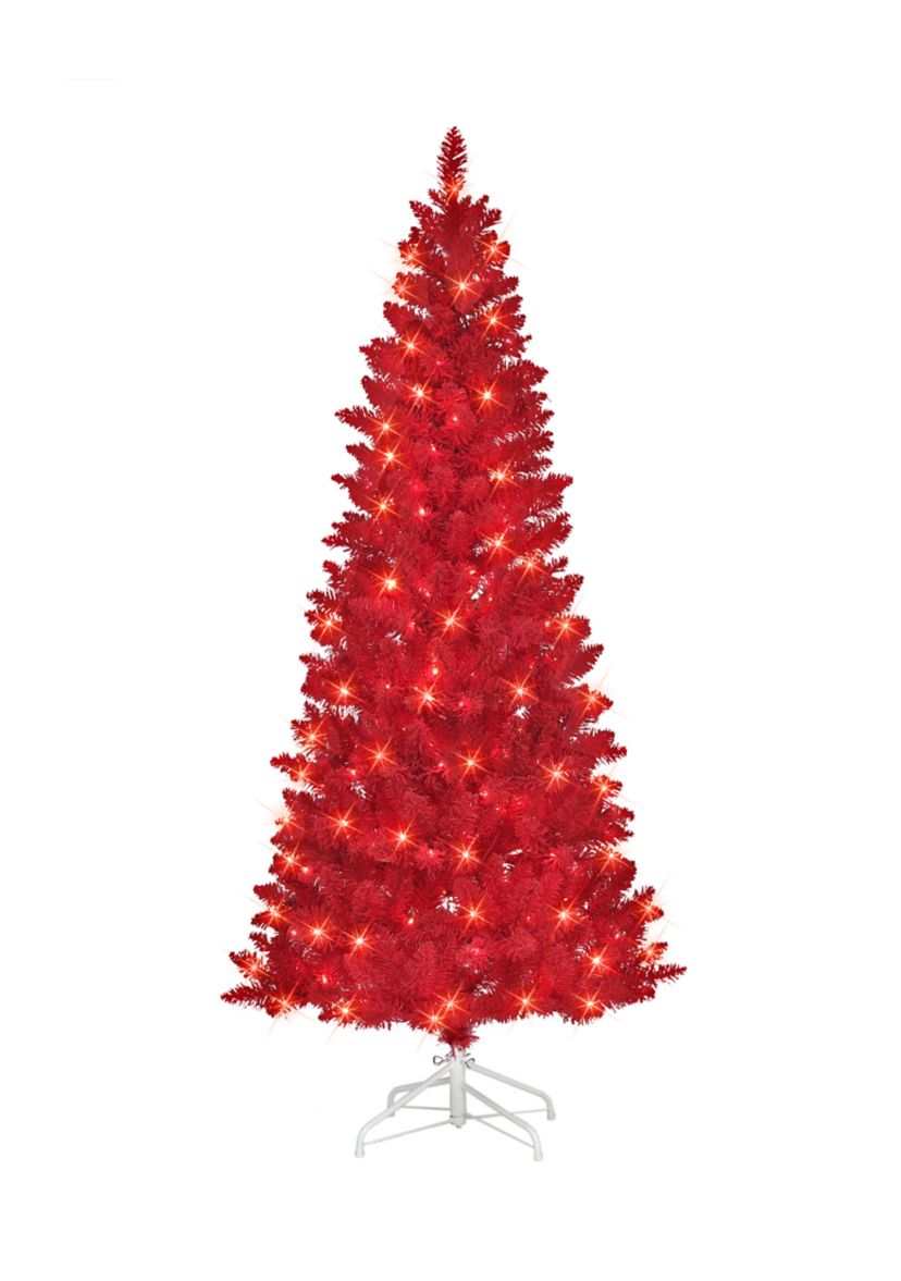 6.5 ft Pre-lit Flocked Fashion Red Artificial Christmas Tree 200 UL Clear Lights Metal Stand