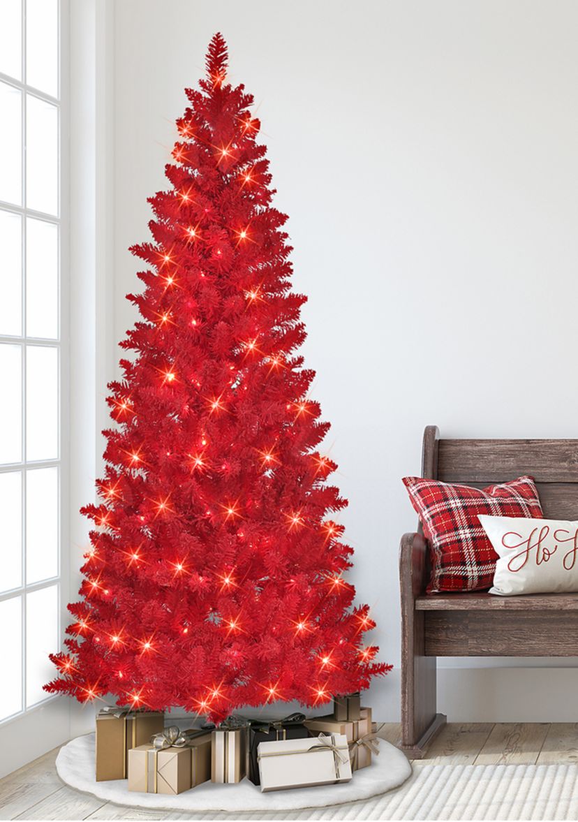 6.5 ft Pre-lit Flocked Fashion Red Artificial Christmas Tree 200 UL Clear Lights Metal Stand