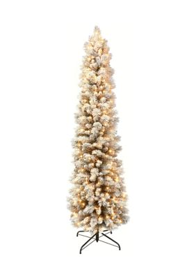 Puleo International 6.5-foot Pre-Lit Flocked Pine Pencil Artificial Tree, Green