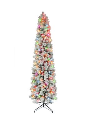 Puleo International 6.5 ft Pre-lit Flocked Portland Pine Pencil Artificial Christmas Tree with 300 UL Multi-Color Lights Metal Stand Green