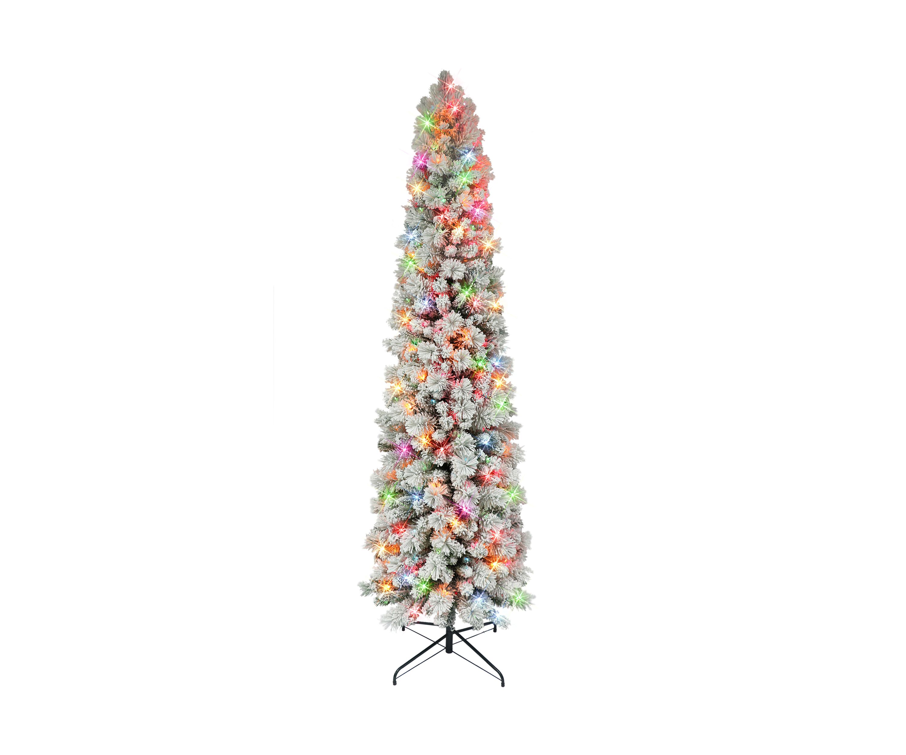 7.5-foot Pre-Lit Flocked Portland Pine Artificial Pencil Tree 496 Tips 350 Multi-Color Lights
