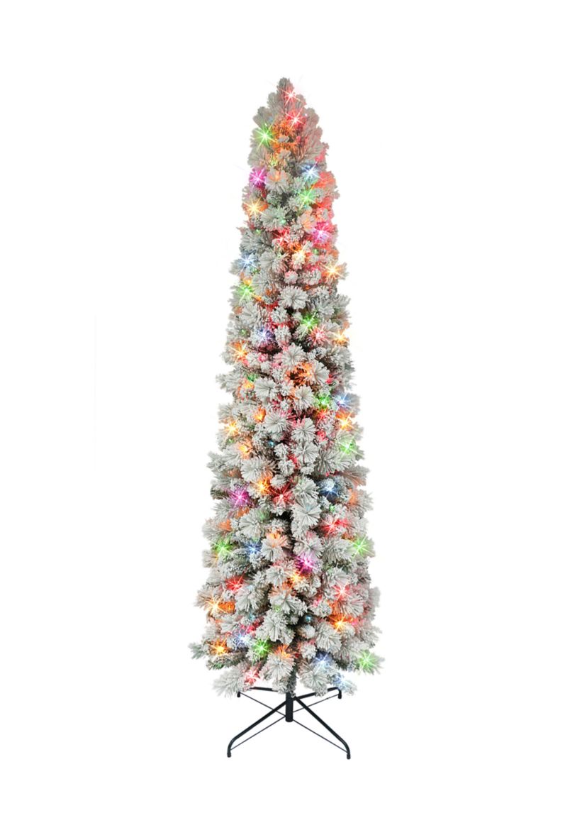 7.5-foot Pre-Lit Flocked Portland Pine Artificial Pencil Tree 496 Tips 350 Multi-Color Lights