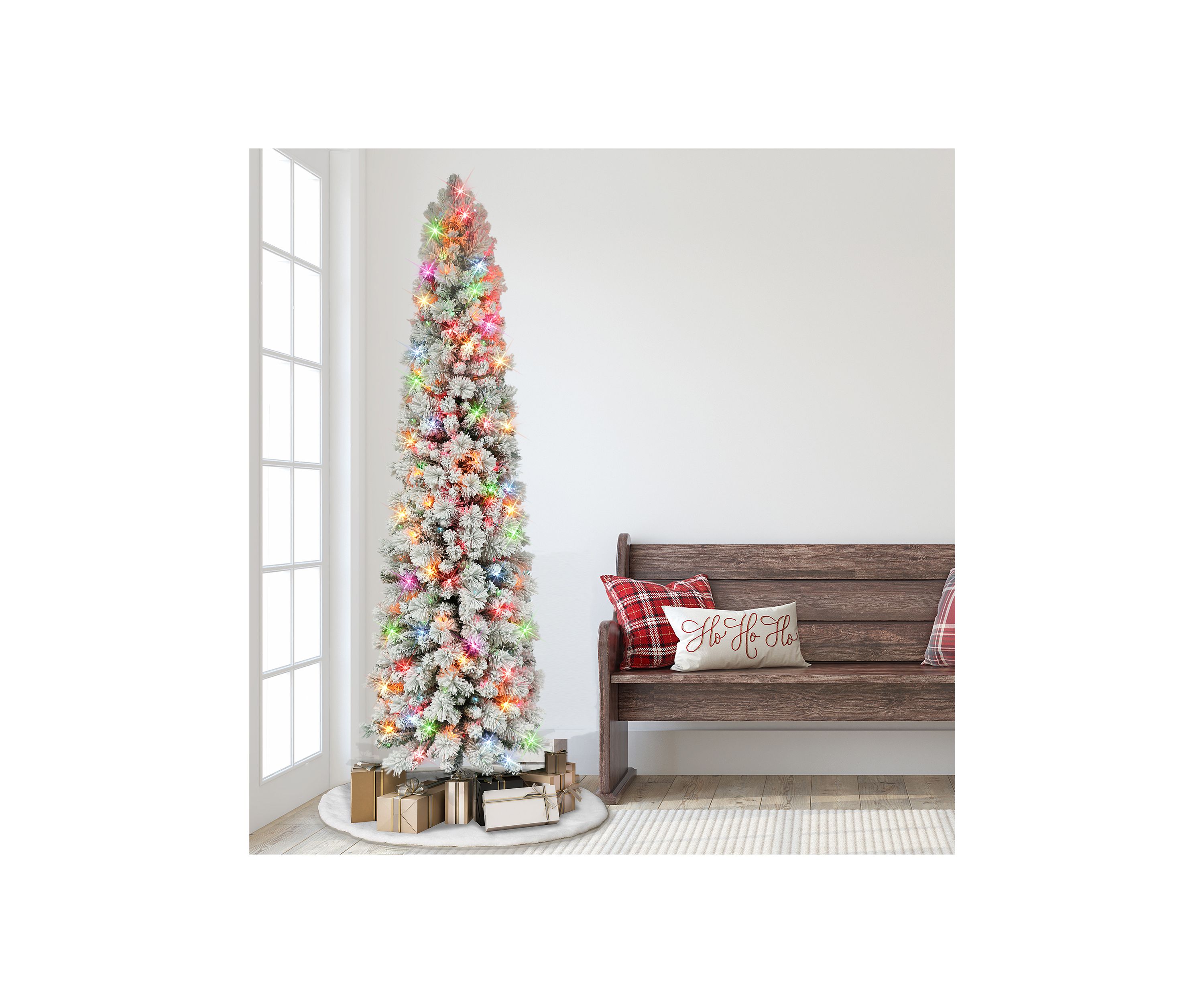 7.5-foot Pre-Lit Flocked Portland Pine Artificial Pencil Tree 496 Tips 350 Multi-Color Lights