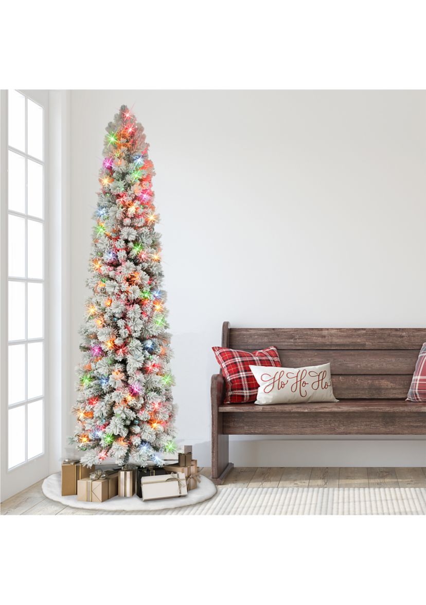 7.5-foot Pre-Lit Flocked Portland Pine Artificial Pencil Tree 496 Tips 350 Multi-Color Lights