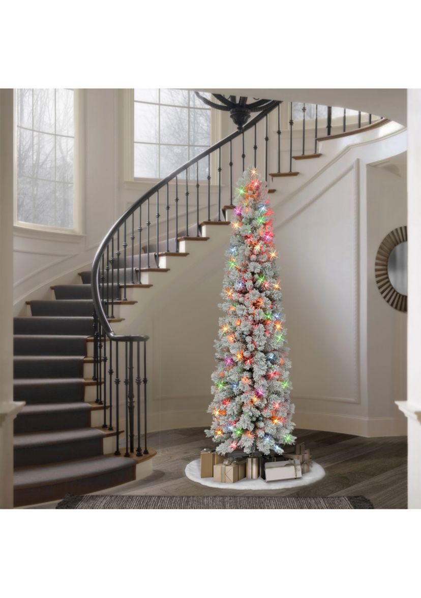7.5-foot Pre-Lit Flocked Portland Pine Artificial Pencil Tree 496 Tips 350 Multi-Color Lights