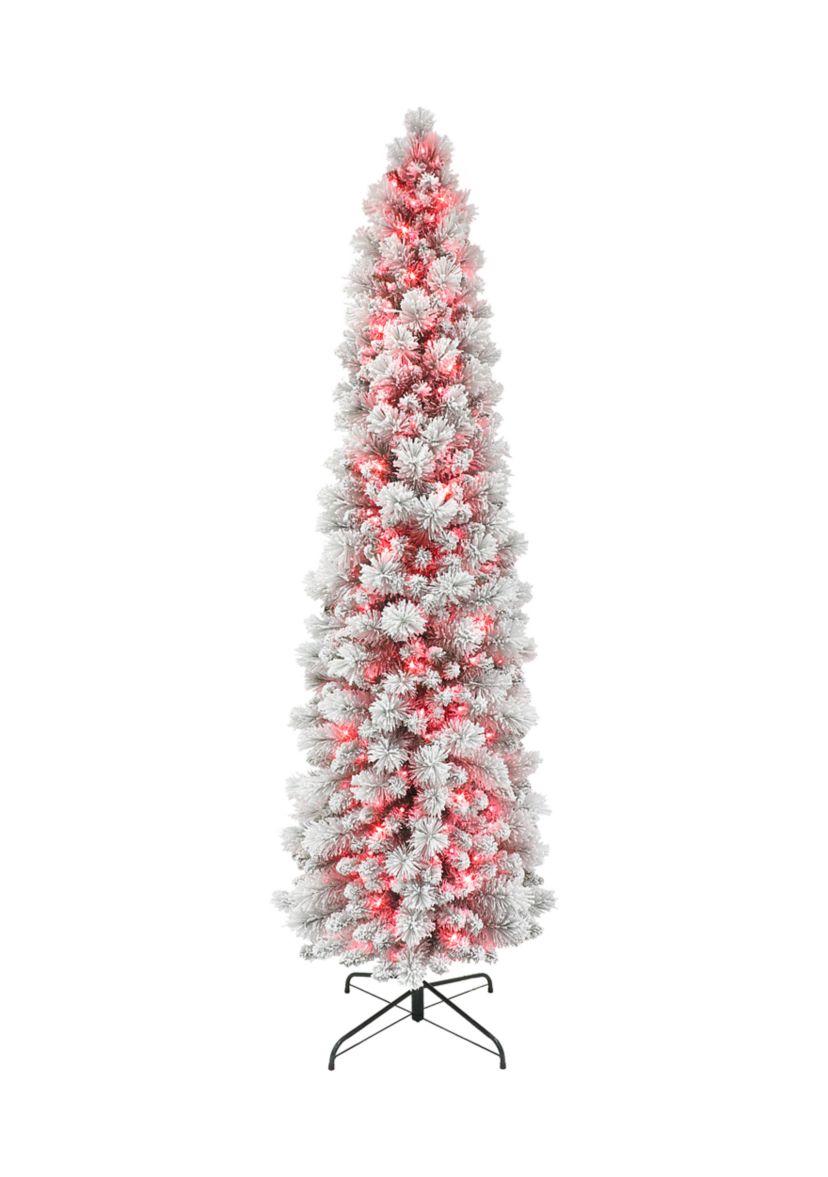 7.5-foot Pre-Lit Flocked Portland Pine Artificial Pencil Tree 496 Tips 350 Pink Lights