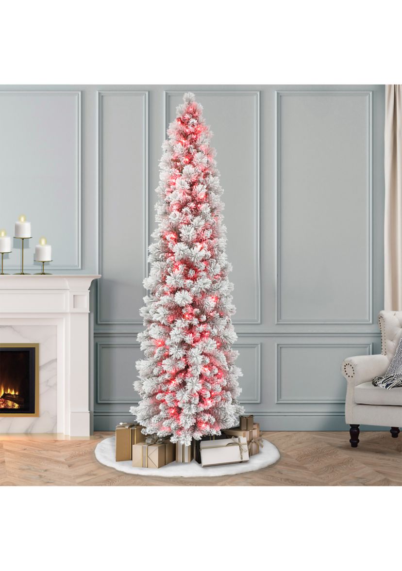 7.5-foot Pre-Lit Flocked Portland Pine Artificial Pencil Tree 496 Tips 350 Pink Lights