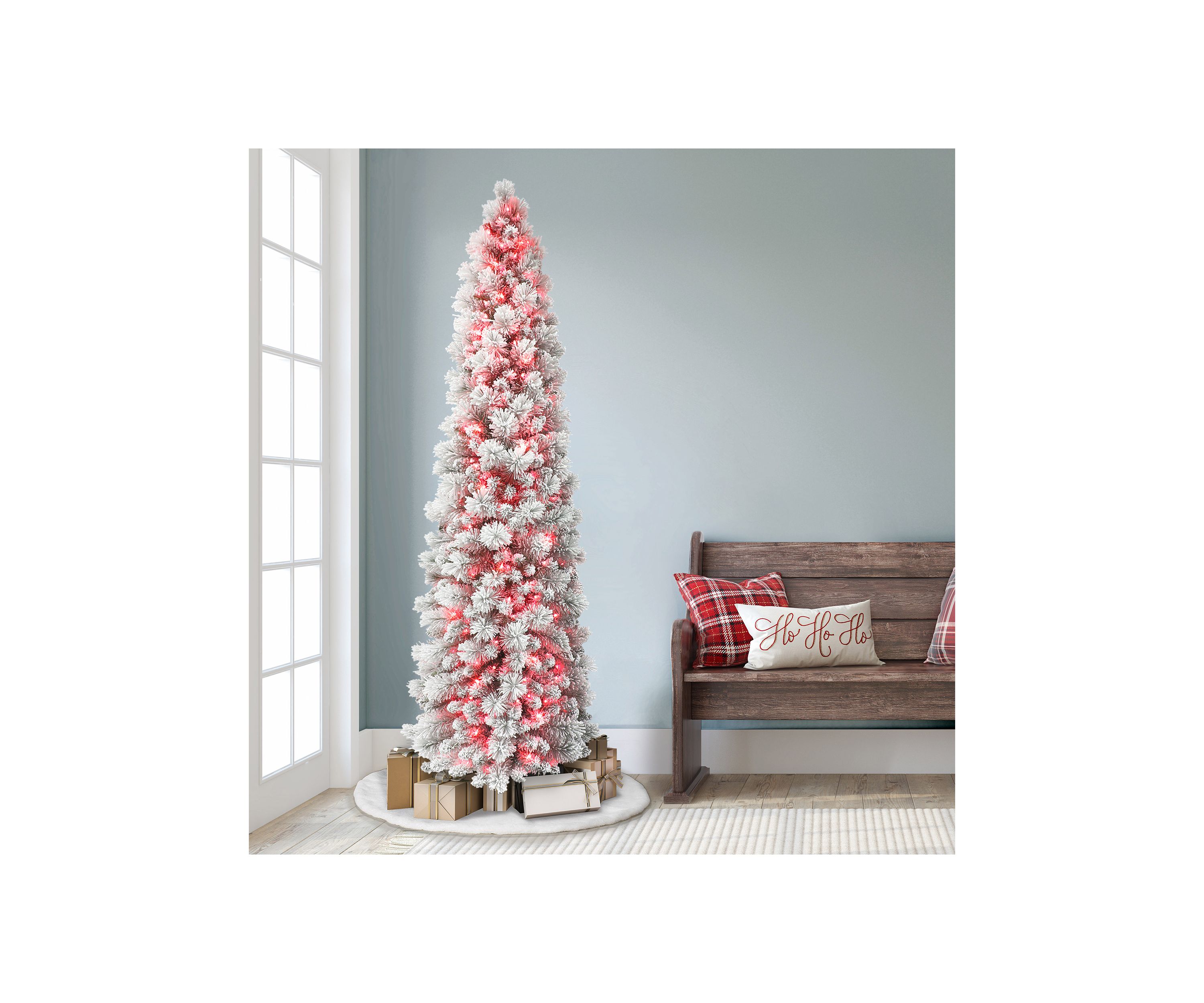 7.5-foot Pre-Lit Flocked Portland Pine Artificial Pencil Tree 496 Tips 350 Pink Lights