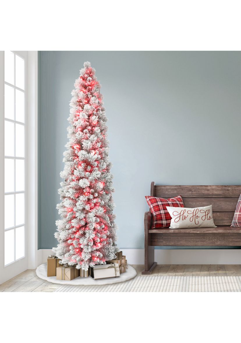 7.5-foot Pre-Lit Flocked Portland Pine Artificial Pencil Tree 496 Tips 350 Pink Lights