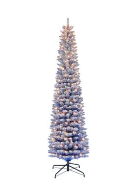 Puleo International 6.5 ft Pre-lit Flocked Fashion Blue Pencil Artificial Christmas Tree with 200 UL Clear Lights Metal Stand