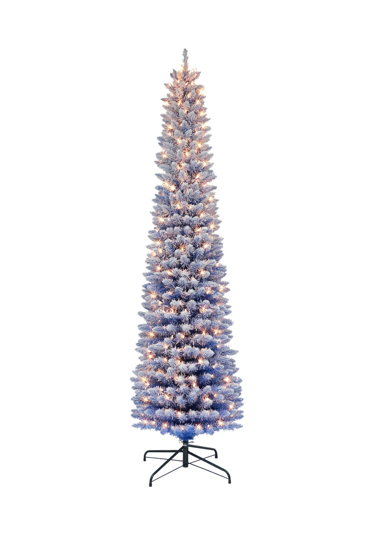 6.5 ft Pre-lit Flocked Fashion Blue Pencil Artificial Christmas Tree with 200 UL Clear Lights Metal Stand