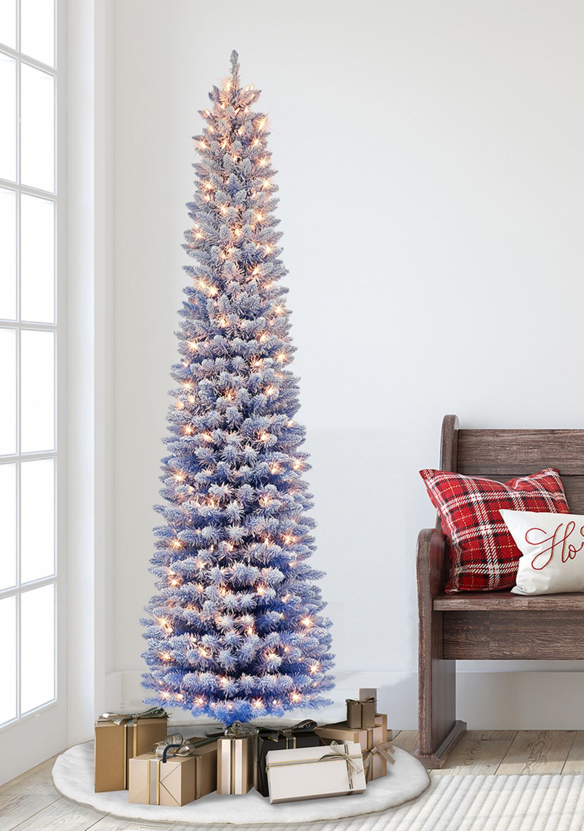 6.5 ft Pre-lit Flocked Fashion Blue Pencil Artificial Christmas Tree with 200 UL Clear Lights Metal Stand