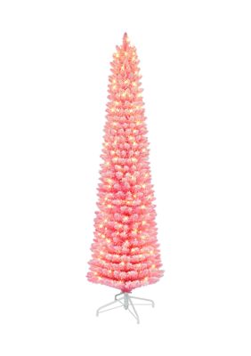 Puleo International 6.5 Ft Pre-Lit Flocked Fashion Pink Pencil Artificial Christmas Tree With 200 Ul Clear Lights Metal Stand
