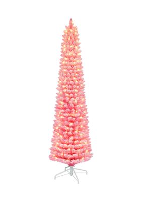 Puleo International 6.5 ft Pre-lit Flocked Fashion Pink Pencil Artificial Christmas Tree with 200 UL Clear Lights Metal Stand