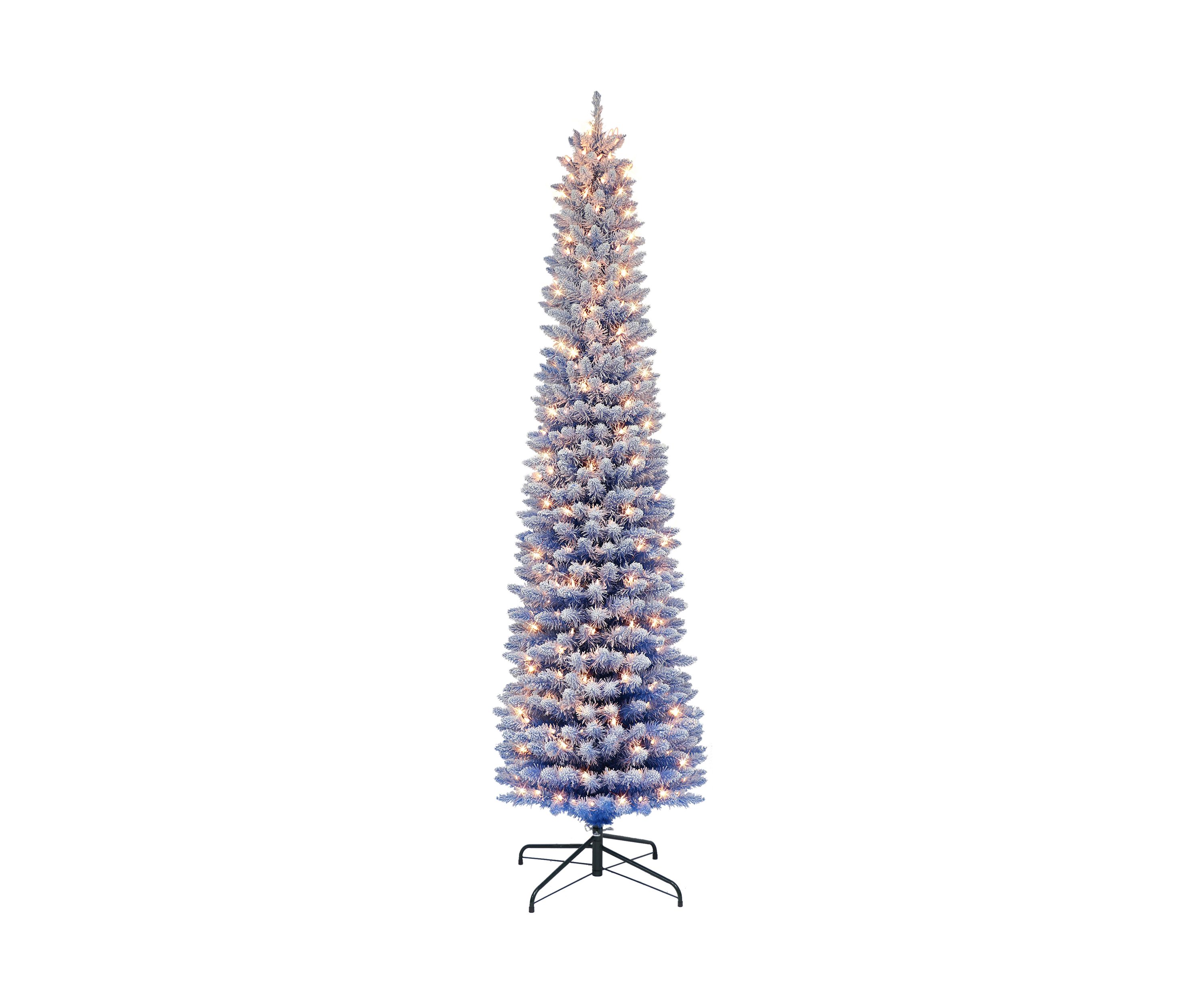 7.5 ft Pre-lit Flocked Fashion Blue Pencil Artificial Christmas Tree with 300 UL Clear Lights Metal Stand