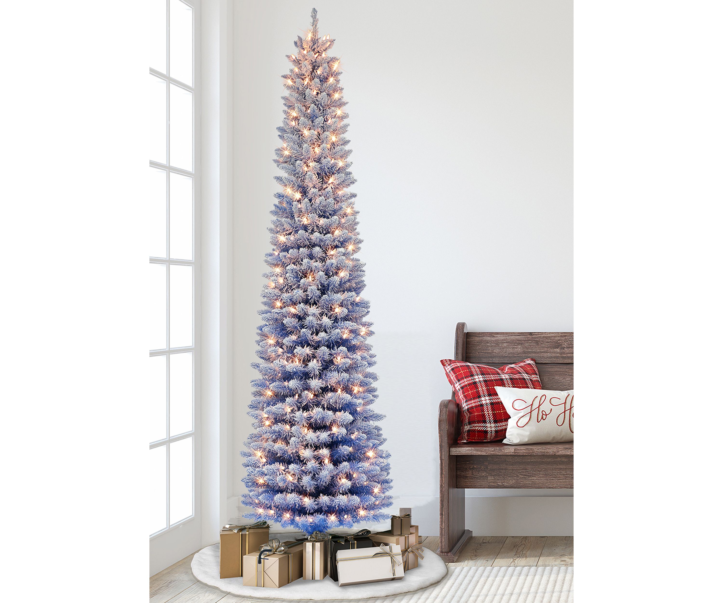 7.5 ft Pre-lit Flocked Fashion Blue Pencil Artificial Christmas Tree with 300 UL Clear Lights Metal Stand