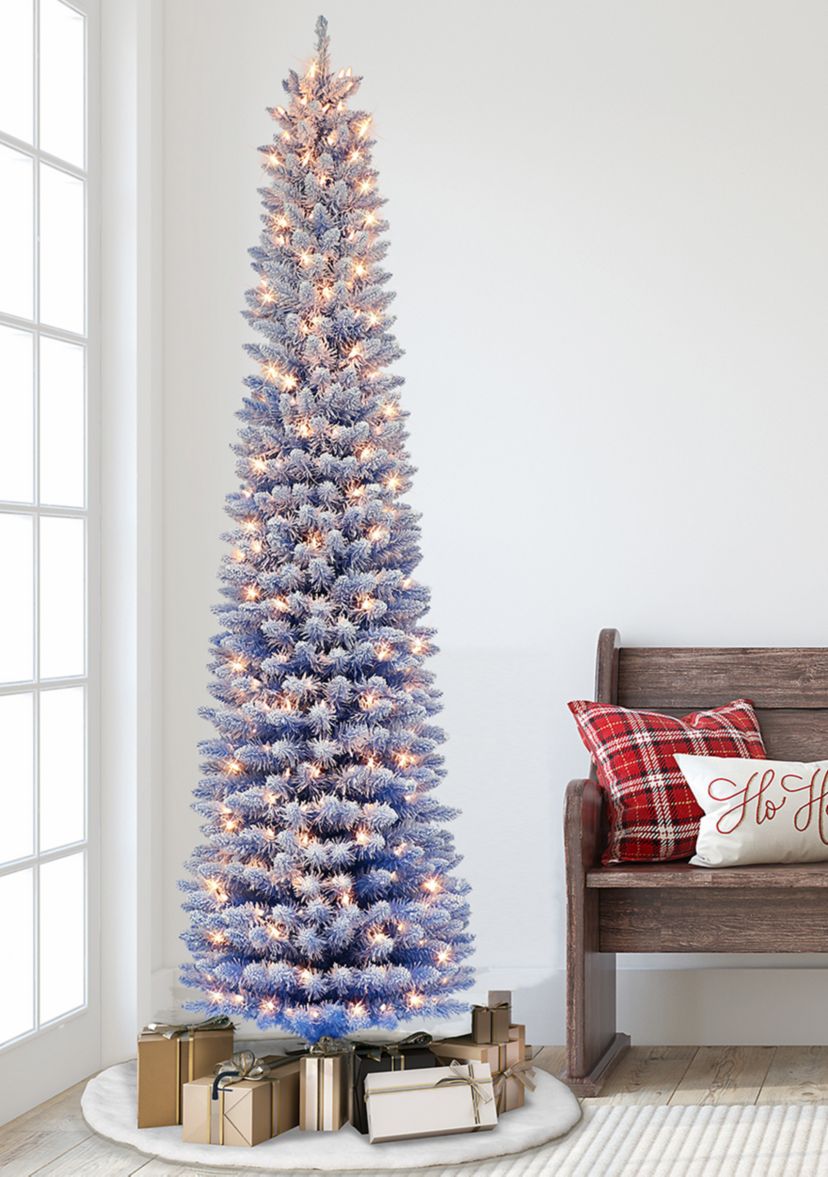 7.5 ft Pre-lit Flocked Fashion Blue Pencil Artificial Christmas Tree with 300 UL Clear Lights Metal Stand
