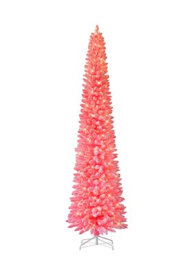 Puleo International 9 Ft Pre-Lit Flocked Fashion Pink Pencil Artificial Christmas Tree With 450 Ul Clear Lights Metal Stand