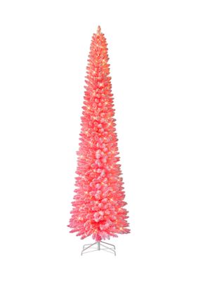 Puleo International 9 ft Pre-lit Flocked Fashion Pink Pencil Artificial Christmas Tree with 450 UL Clear Lights Metal Stand