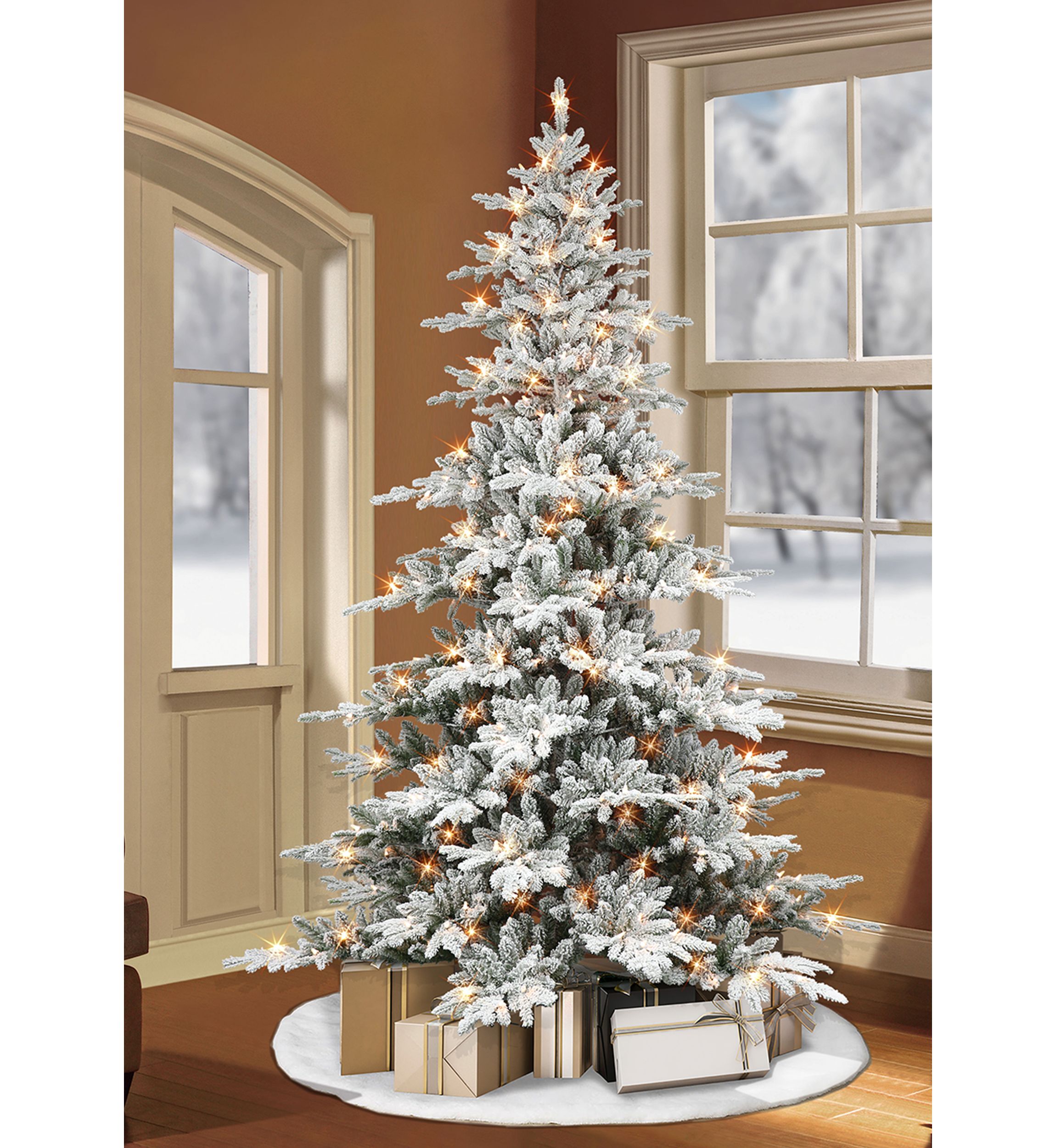 6.5 ft Pre-lit Flocked Utah Fir Artificial Christmas Tree with 350 UL Clear Lights Metal Stand Green