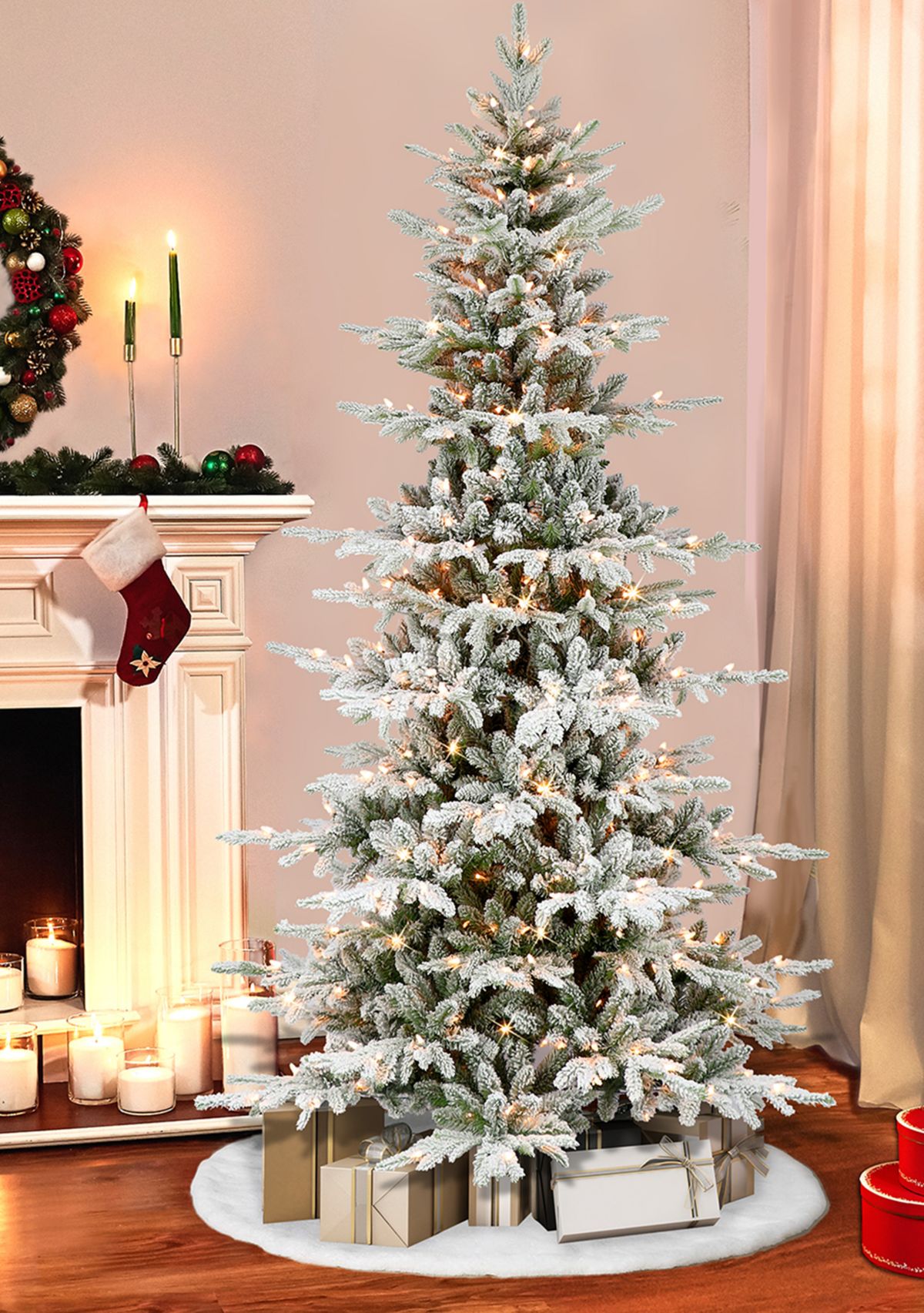 7.5 ft Pre-lit Slim Flocked Utah Fir Artificial Christmas Tree with 450 UL Clear Lights Metal Stand Green
