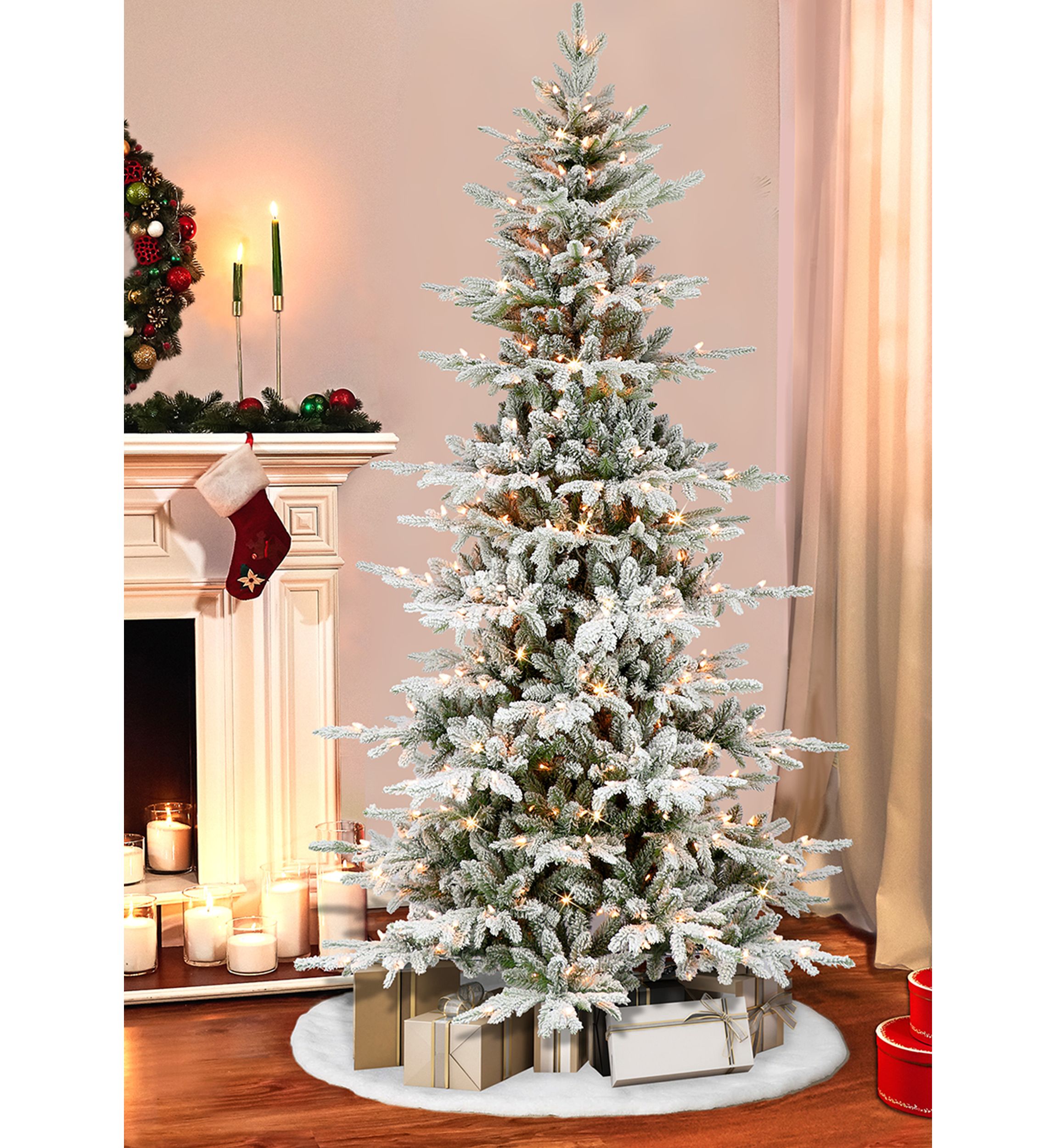 7.5 ft Pre-lit Slim Flocked Utah Fir Artificial Christmas Tree with 450 UL Clear Lights Metal Stand Green