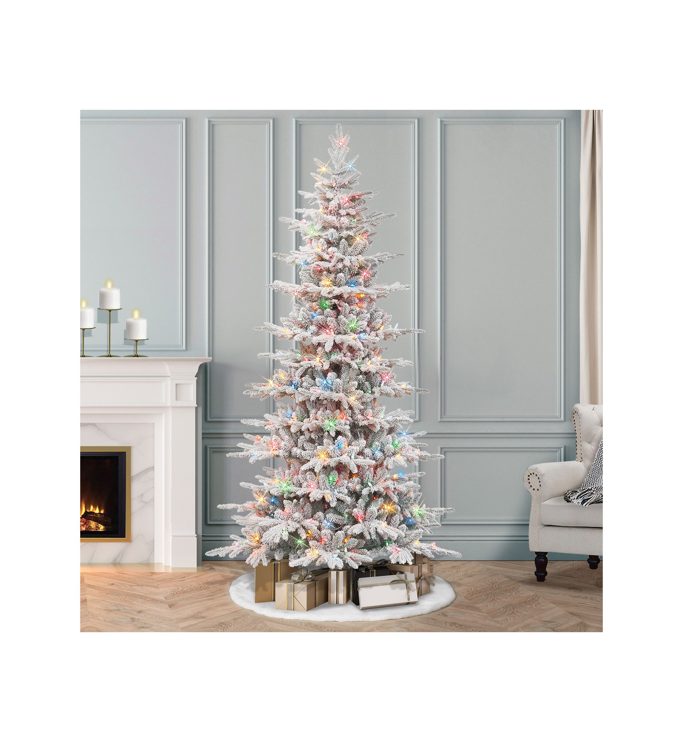 7.5-foot Pre-Lit Slim Flocked Artificial Utah Fir Tree 1857 Tips 450 Multi-Color Lights