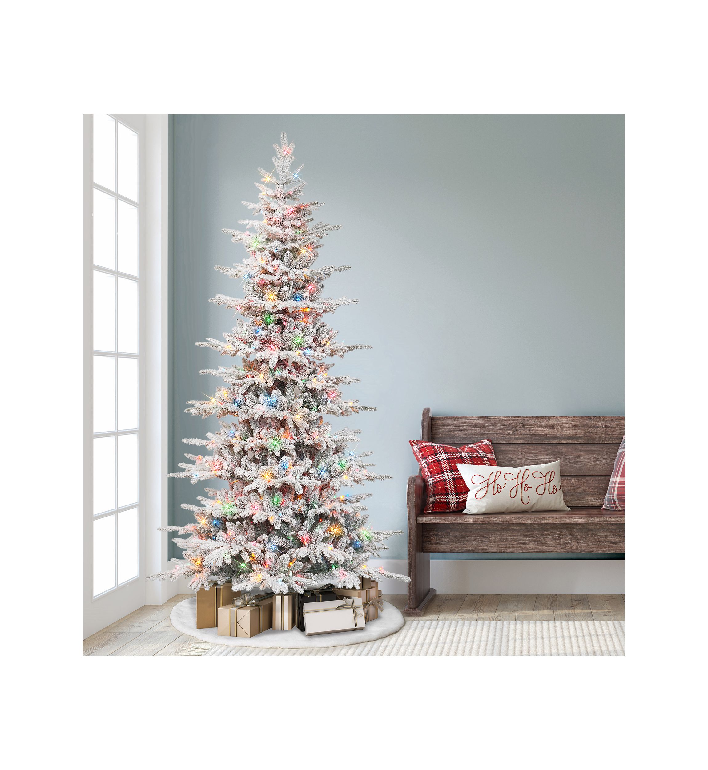 7.5-foot Pre-Lit Slim Flocked Artificial Utah Fir Tree 1857 Tips 450 Multi-Color Lights