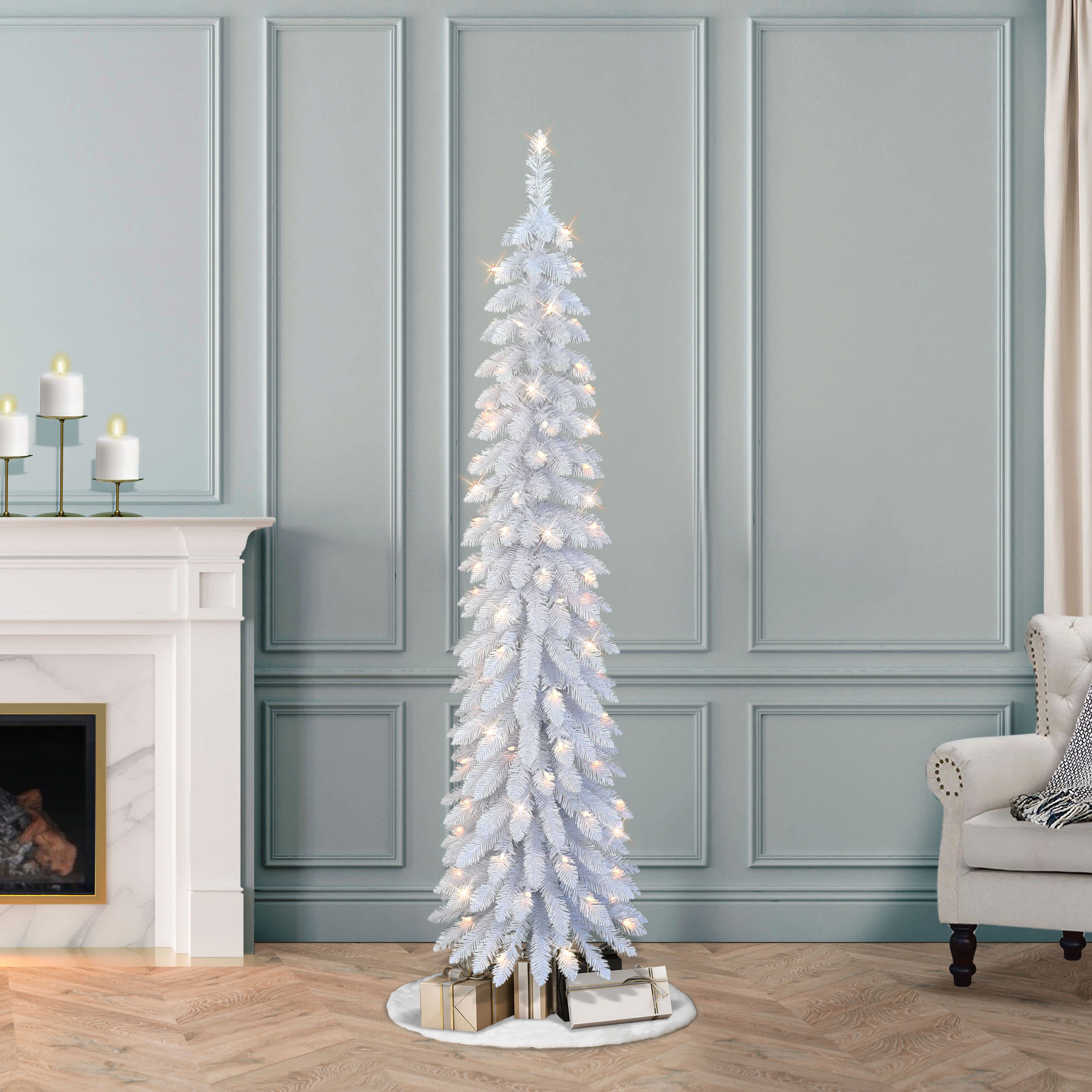 Puleo International 6 Pre-Lit Artificial White Alpine Pencil Tree